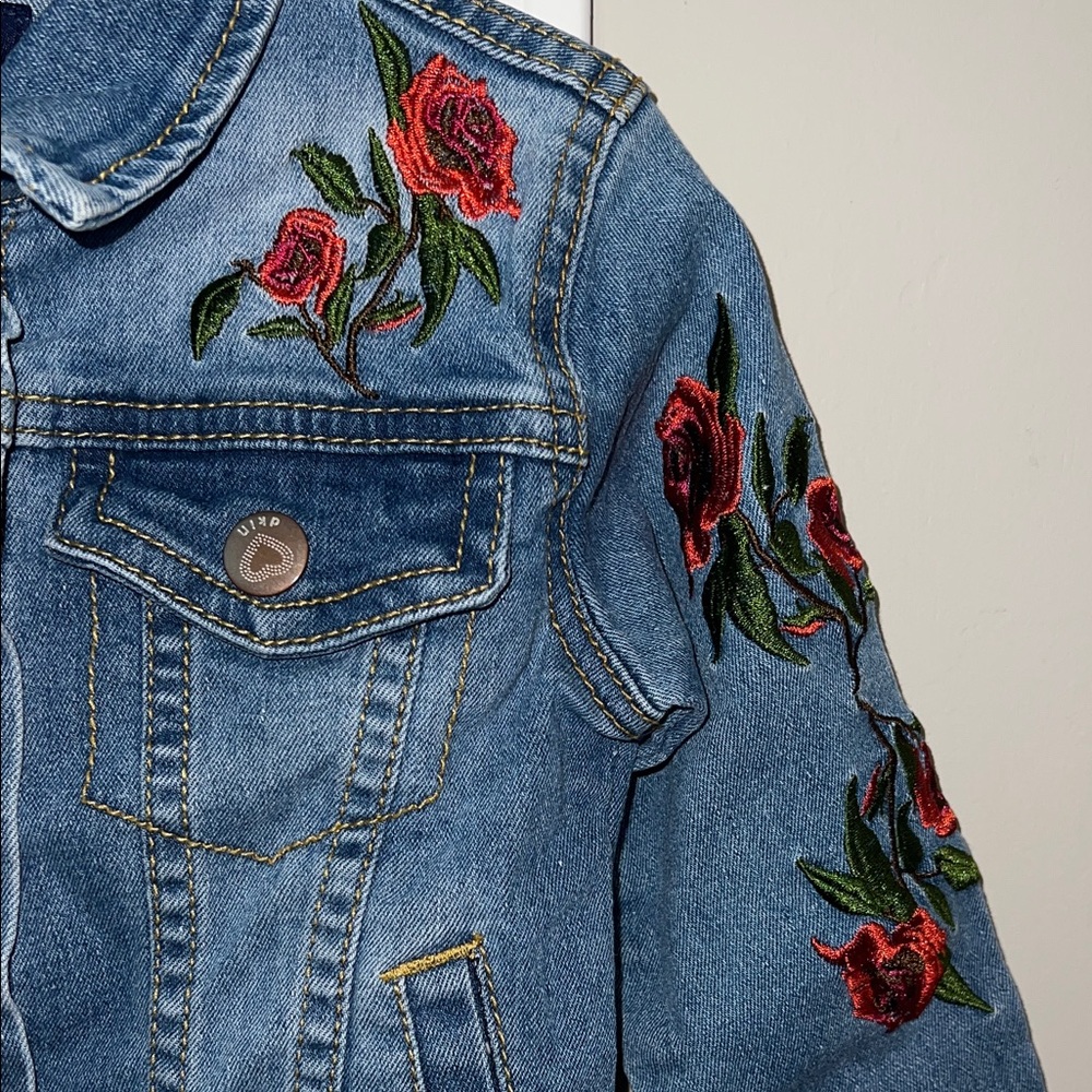 Kids Blue Jean Jacket with Red Floral Design - Embroidered Red Roses - Picture 3 of 5